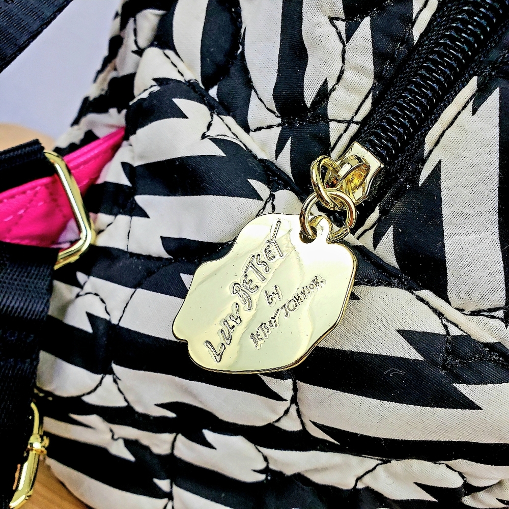 LUV BETSEY JOHNSON Backpack Black/White Stripe, Pink Trim, Funny Face - Picture 3 of 12